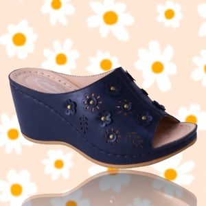 NEW! Italina Black Boho Floral Wedge Sandal